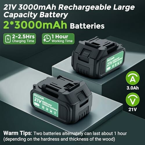 21V 3000mAh rechargeable battery pack with two batteries, 2-2.5 hours charging time and 1 hour working time.
