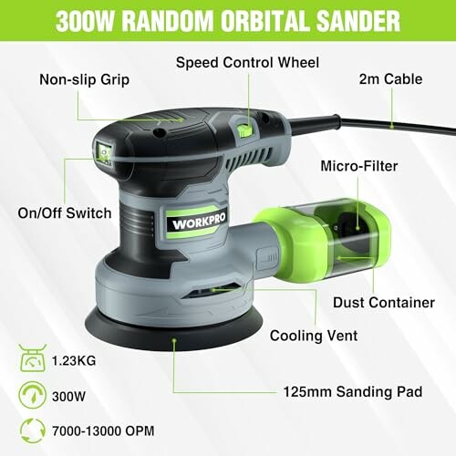 300W random orbital sander with features labeled.