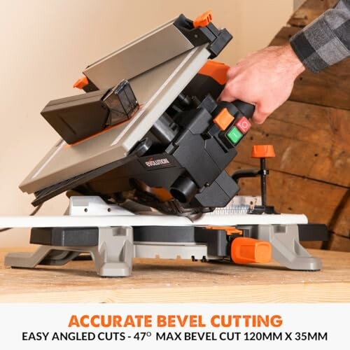 A person adjusting a bevel cutting tool on a wooden surface.