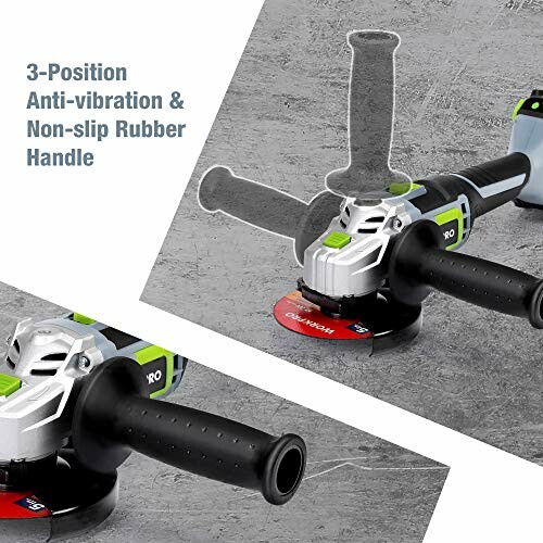 Angle grinder with 3-position anti-vibration and non-slip rubber handle.