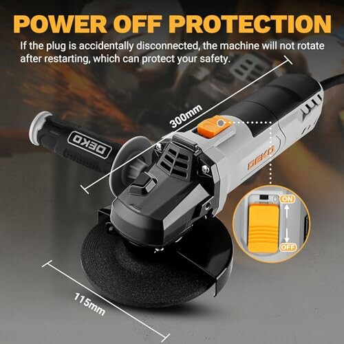 Angle grinder with power off protection features and measurements.