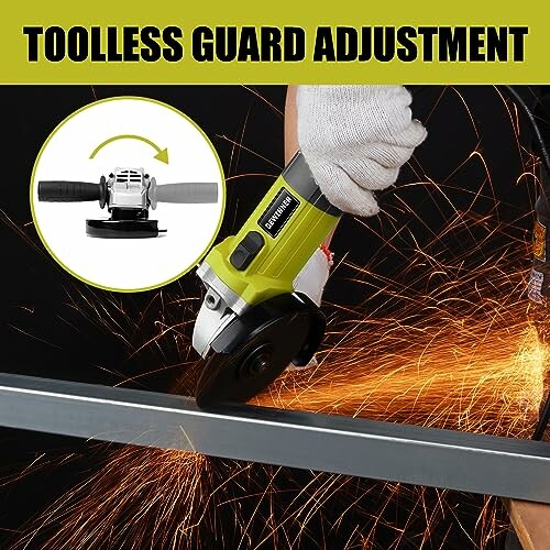 Angle grinder with sparks flying during metal cutting.