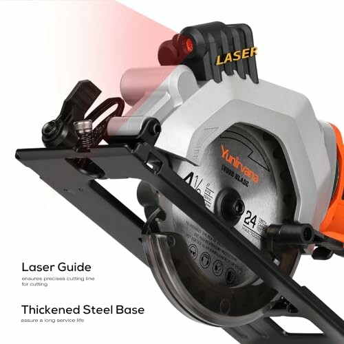 Circular saw with laser guide and thickened steel base.