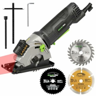 Compact circular saw with laser guide and various blades.