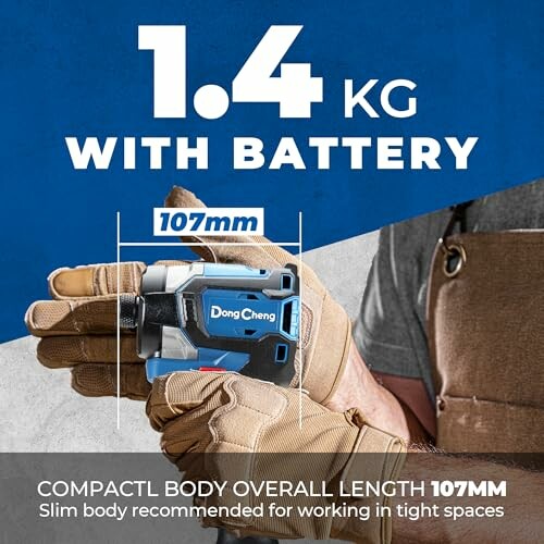 Compact tool weighing 1.4 kg with battery, 107mm in length.