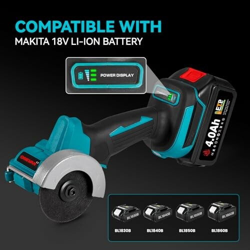 Cordless angle grinder compatible with Makita 18V Li-ion battery.