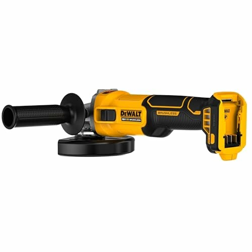 Cordless yellow and black angle grinder with handle.
