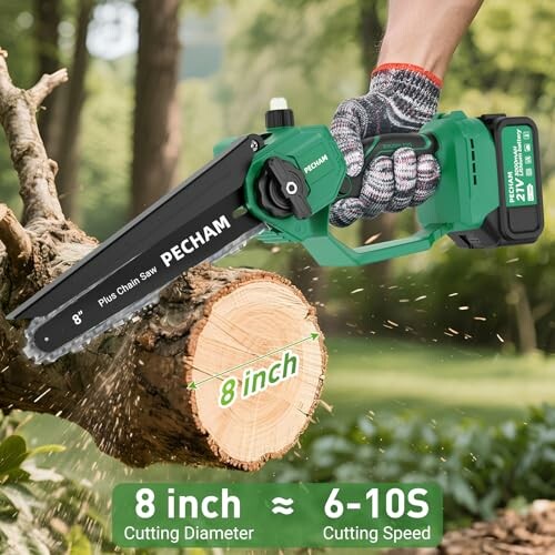 Cordless chainsaw cutting a tree branch with an 8-inch diameter.