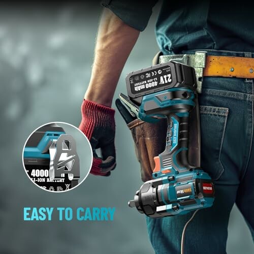 Person carrying a cordless drill in a holster on their belt.
