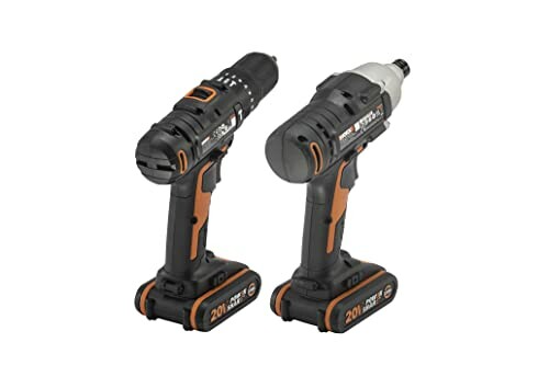 Cordless drill and impact driver set with 20V batteries.