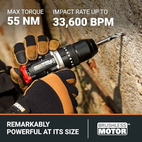 Cordless drill with max torque 55 NM and impact rate 33,600 BPM.