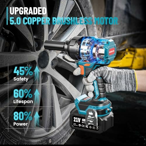 Cordless impact wrench being used on a car tire with performance statistics displayed.