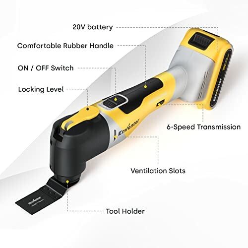 Cordless power tool with labeled features including 20V battery, rubber handle, on/off switch, locking level, 6-speed transmission, and tool holder.