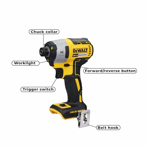 DeWalt cordless impact driver with labeled parts including chuck collar, worklight, trigger switch, forward/reverse button, and belt hook.