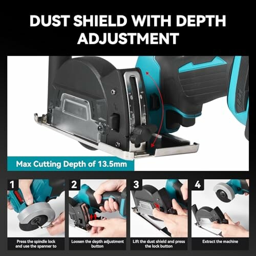 Power tool with dust shield and depth adjustment features.