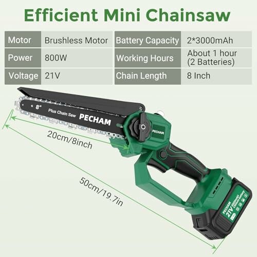 Green mini chainsaw with specifications.