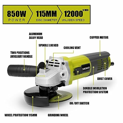 Electric angle grinder with labeled parts and specifications.