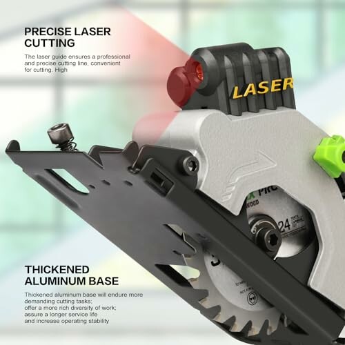 Close-up of a laser cutting tool with precise laser guide and thickened aluminum base.