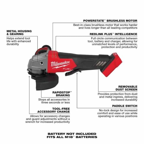 Milwaukee angle grinder features and specifications.