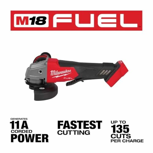 Milwaukee M18 FUEL cordless grinder with specifications.