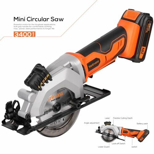 Mini circular saw with laser guide and ergonomic handle.