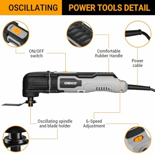 Diagram of an oscillating power tool with features labeled, including ON/OFF switch, comfortable rubber handle, power cable, oscillating spindle and blade holder, and 6-speed adjustment.