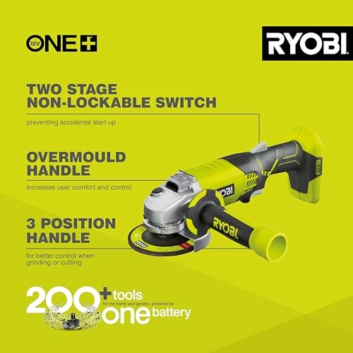 Ryobi angle grinder with features highlighted.
