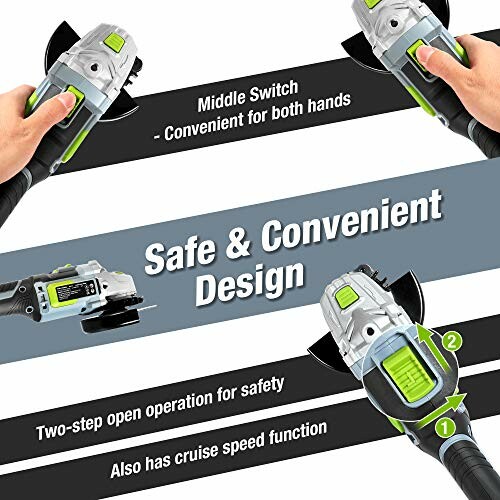 Hands holding an angle grinder with safety features highlighted.