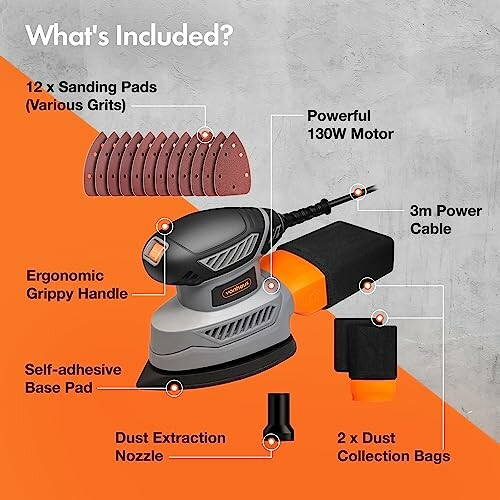 Contents of a sander kit with parts labeled.