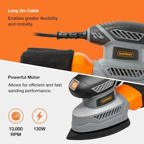 Electric sander with long cable and powerful motor, 13,000 RPM and 130W