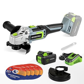 WORKPRO cordless angle grinder with batteries, charger, and discs.