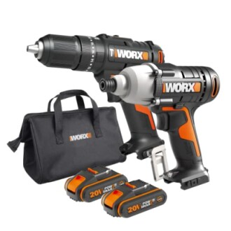 WORX cordless drill and impact driver set with batteries and bag.